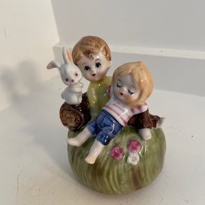 Lovely Porcelain Boy & Girl W White Easter Bunny Rotating Music Box Figurine